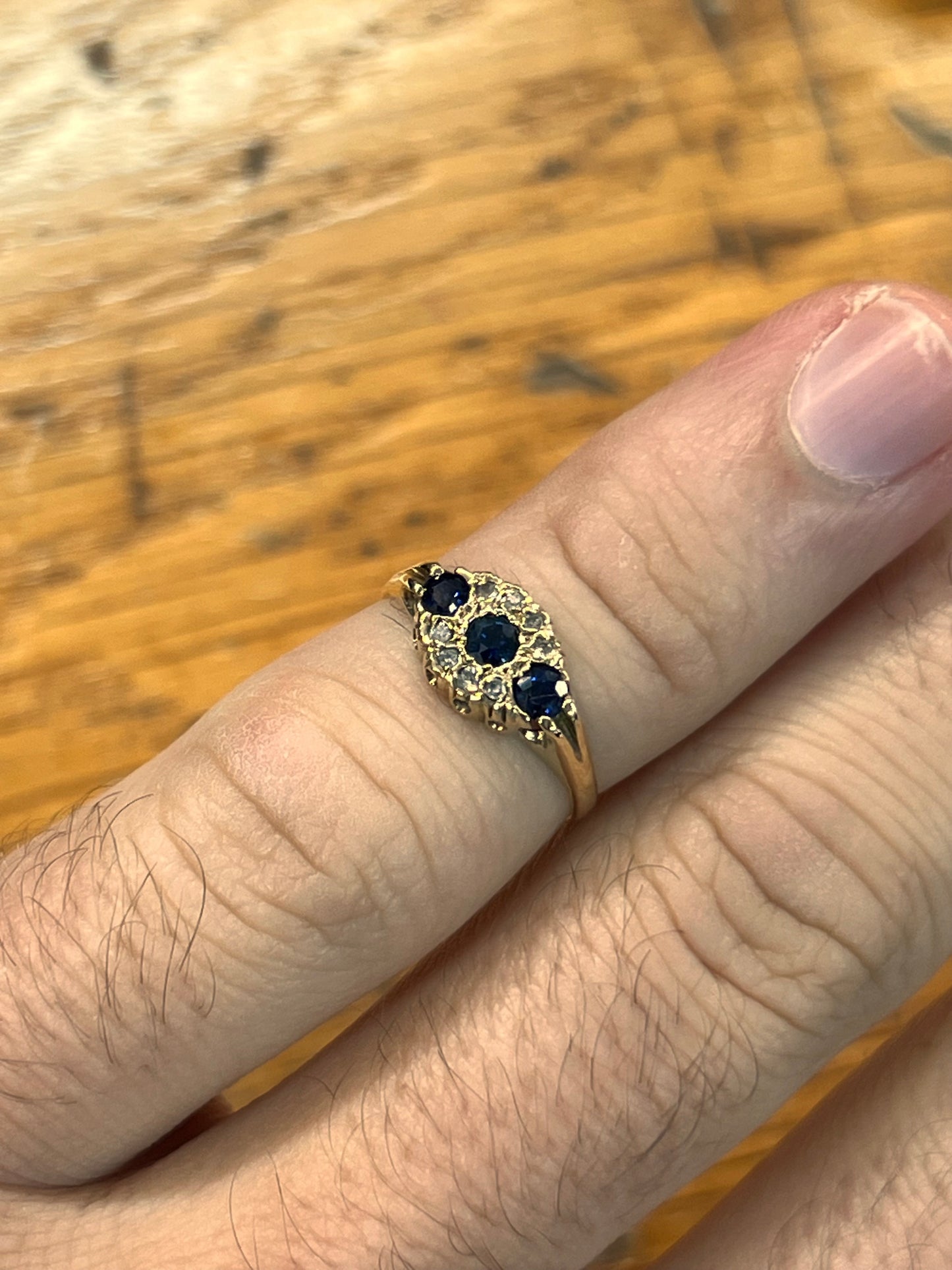 Vintage Blue Sapphire + Diamond + 9ct Yellow Gold Triple Ring - Sz. 4.75
