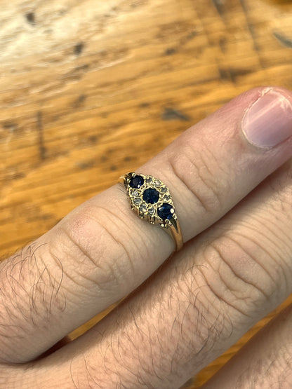 Vintage Blue Sapphire + Diamond + 9ct Yellow Gold Triple Ring - Sz. 4.75