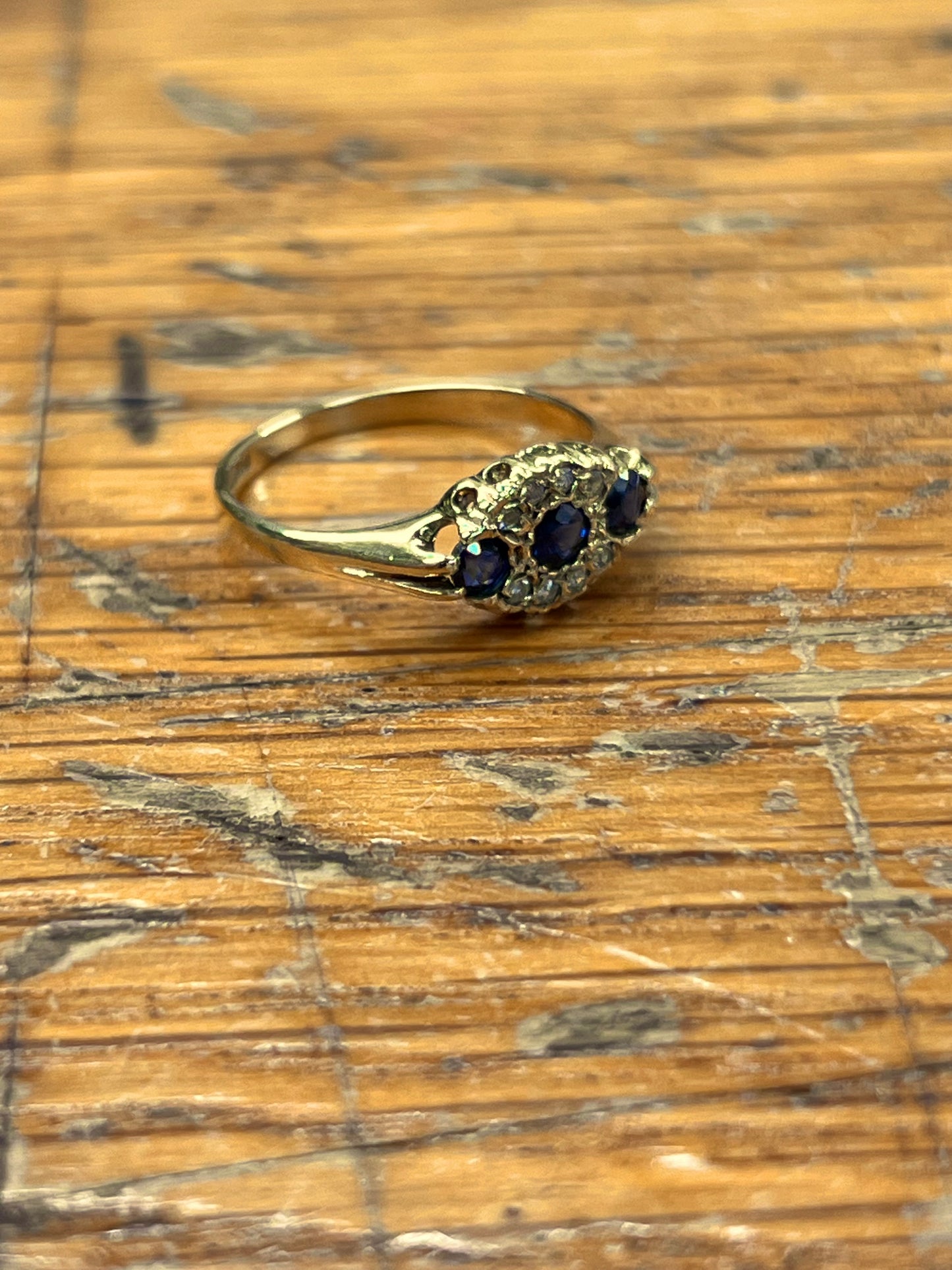 Vintage Blue Sapphire + Diamond + 9ct Yellow Gold Triple Ring - Sz. 4.75