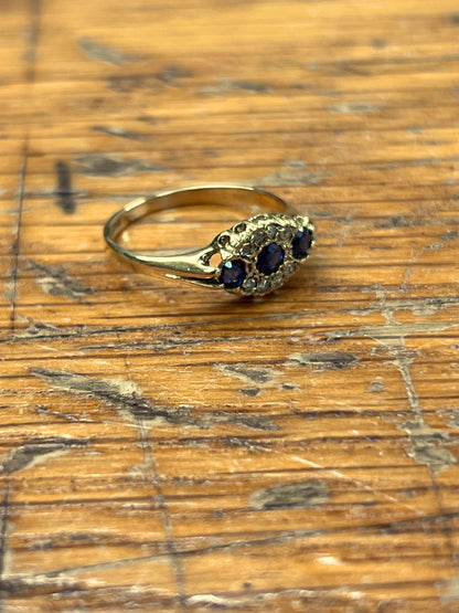 Vintage Blue Sapphire + Diamond + 9ct Yellow Gold Triple Ring - Sz. 4.75