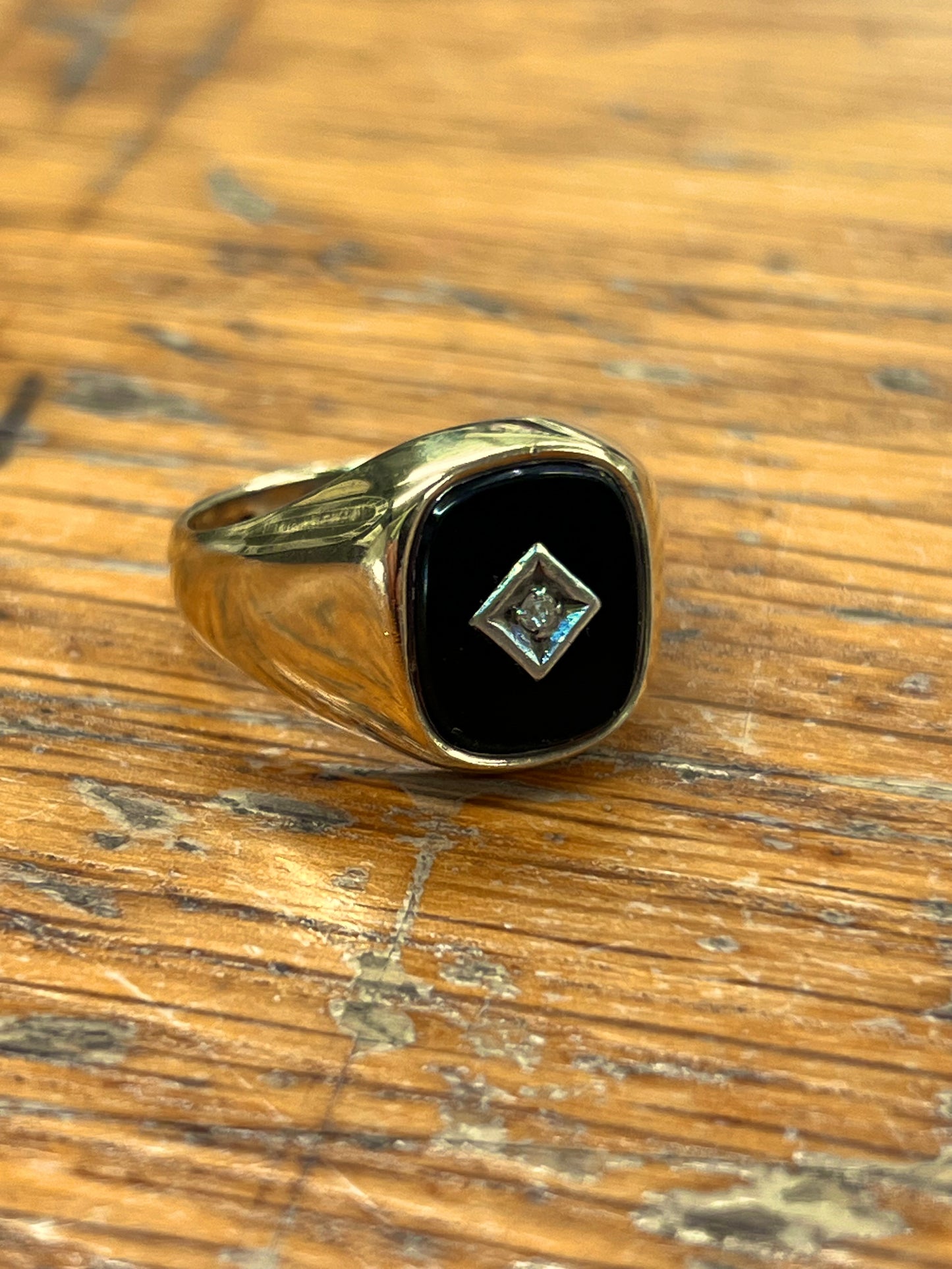 Vintage Onyx + Diamond + 9ct Yellow Gold Signet Ring - Sz. 7.75
