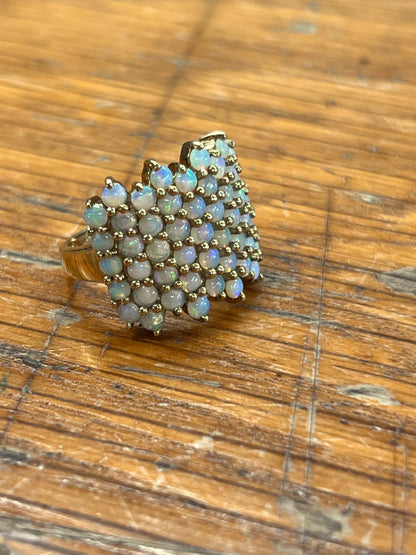 Vintage Opal + 9ct Yellow Gold Pave Ring - Sz. 5.25