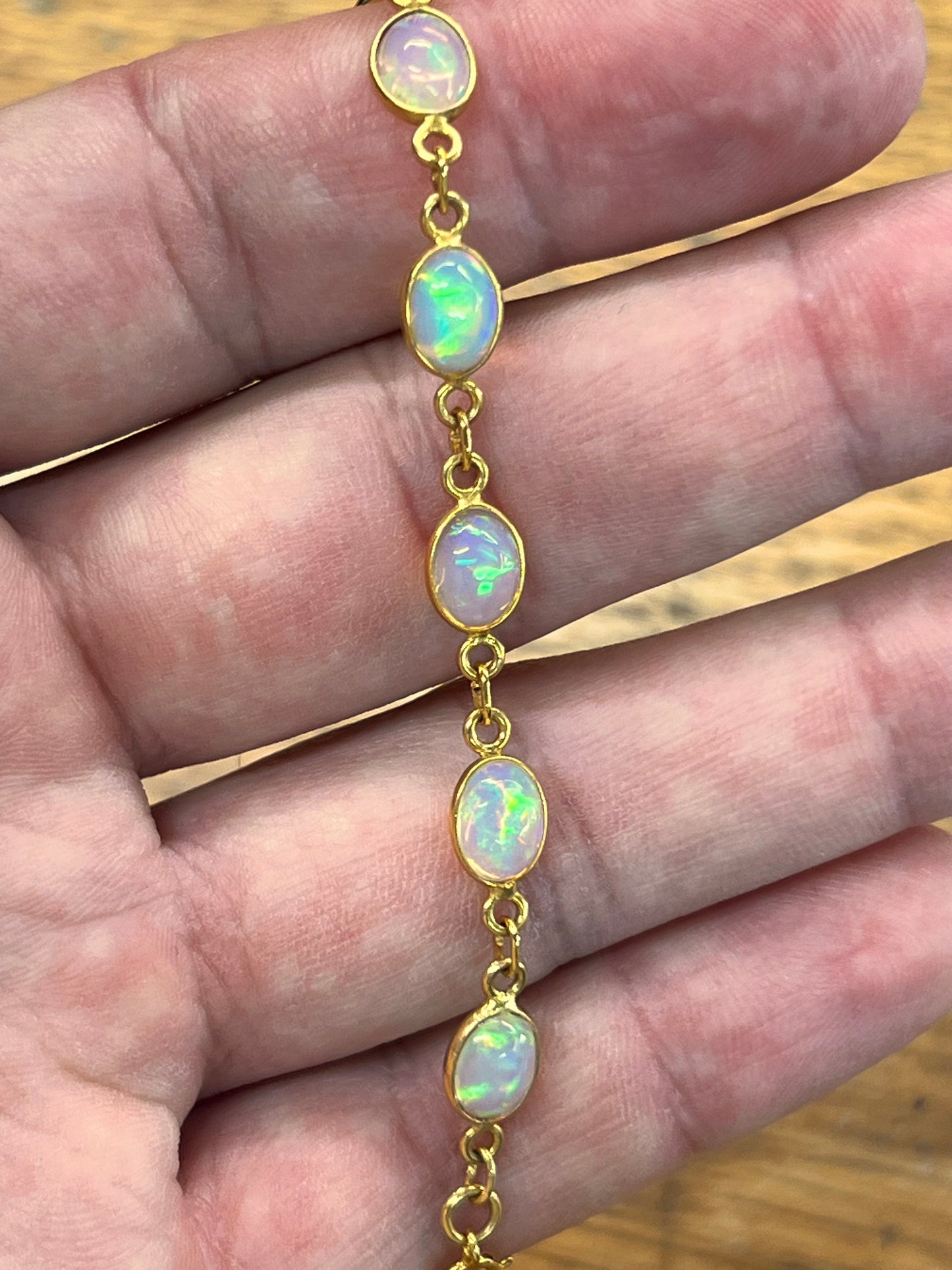 Natural Opal + 14ct Yellow Gold Link Bracelet - 7.5"L
