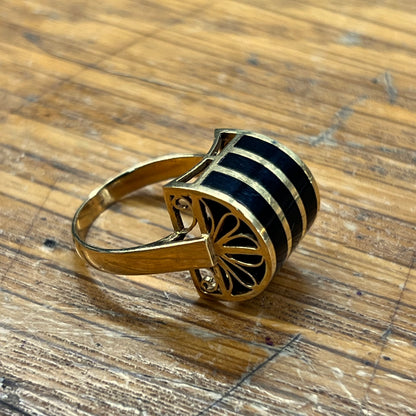 Vintage Black Onyx + 18ct Yellow Gold Striped Dome Ring - Sz. 5.5
