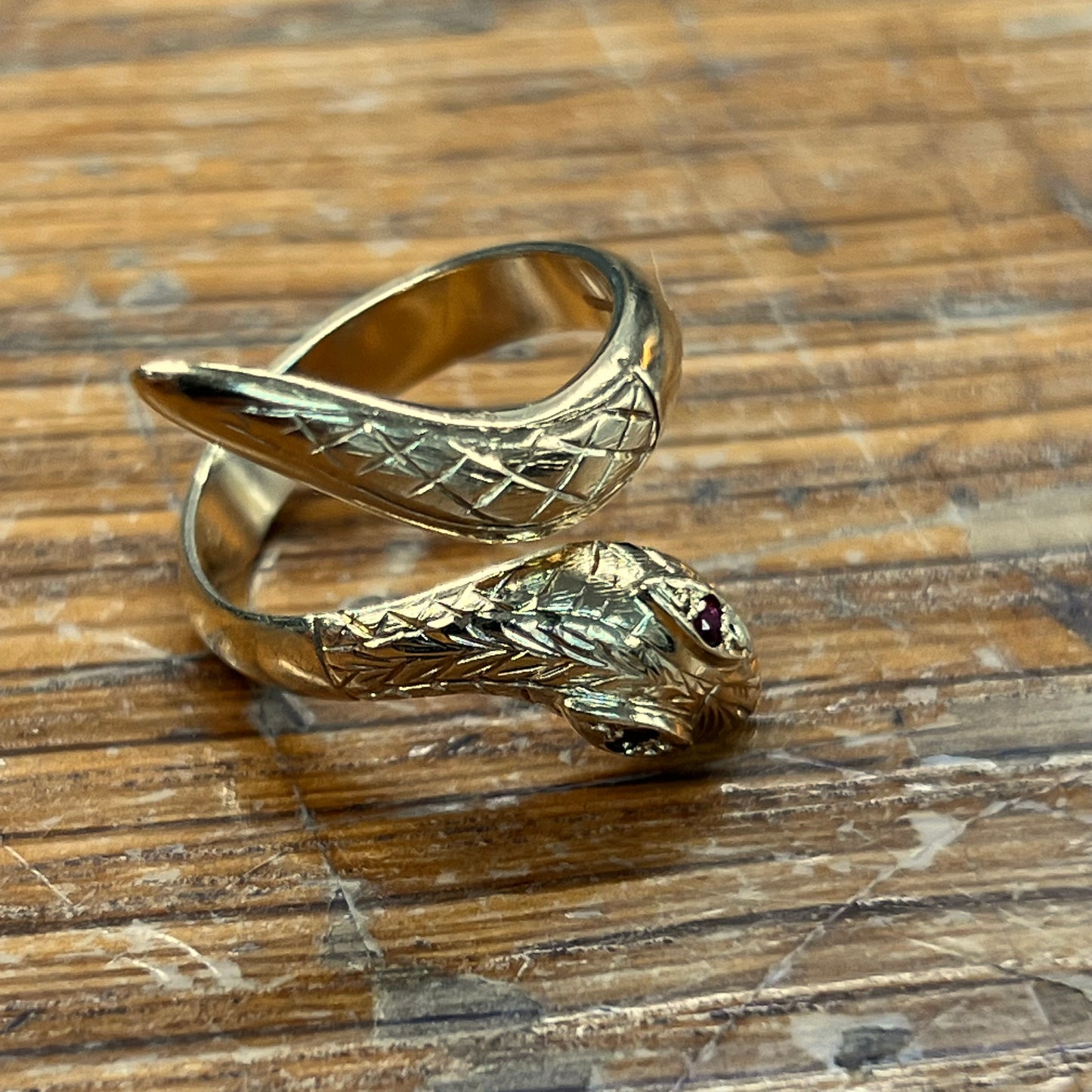 Vintage Ruby + 9ct Yellow Gold Snake Ring - Sz. 7.5