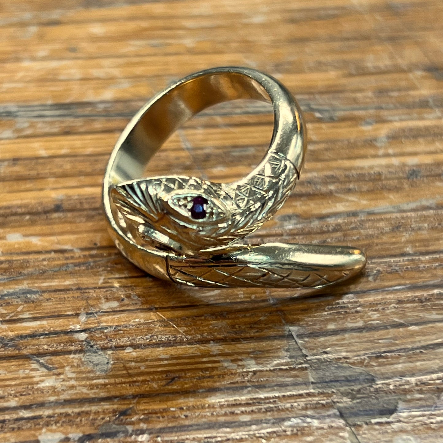 Vintage Ruby + 9ct Yellow Gold Snake Ring - Sz. 7.5