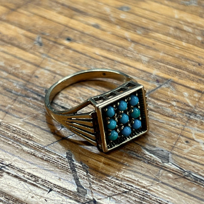 Vintage Nine Turquoise + 9ct Yellow Gold Plaque Ring - Sz.7.75