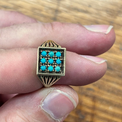 Vintage Nine Turquoise + 9ct Yellow Gold Plaque Ring - Sz.7.75