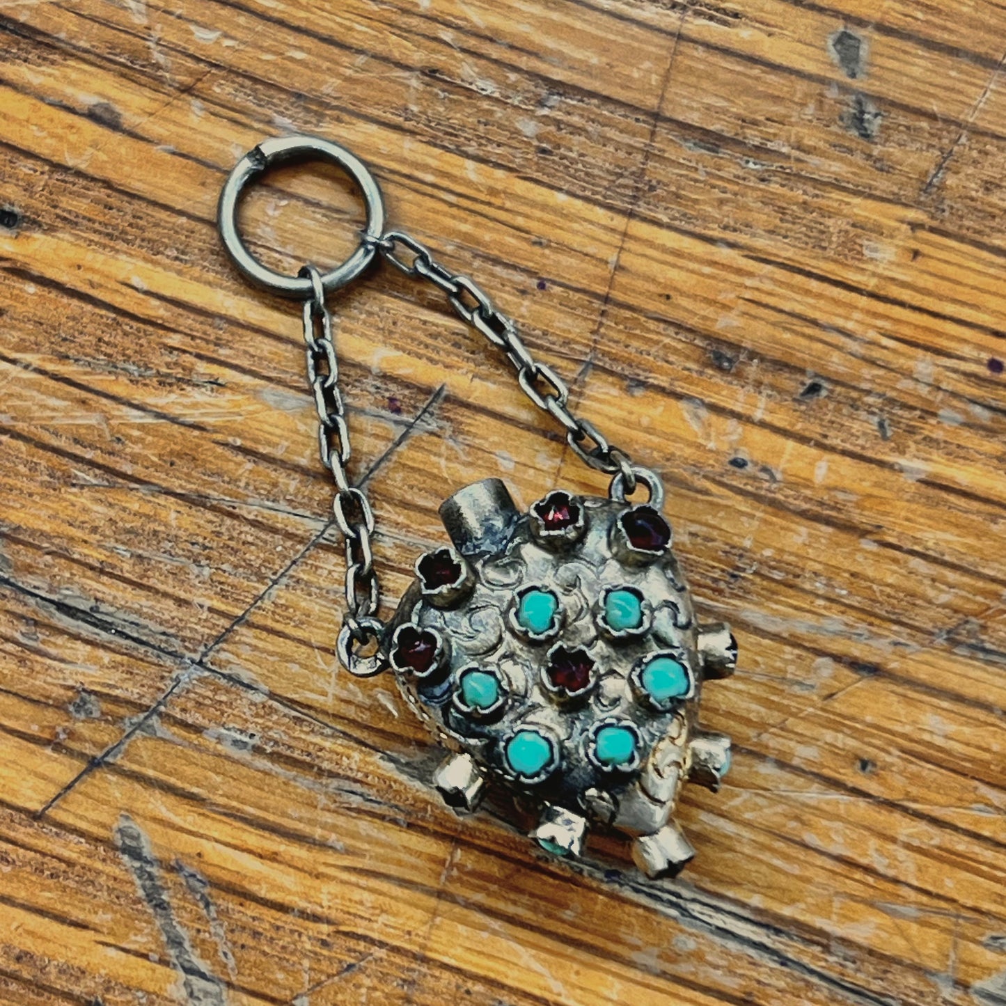 Antique Victorian Turquoise + Garnet + Gilt Silver Heart Perfume Charm