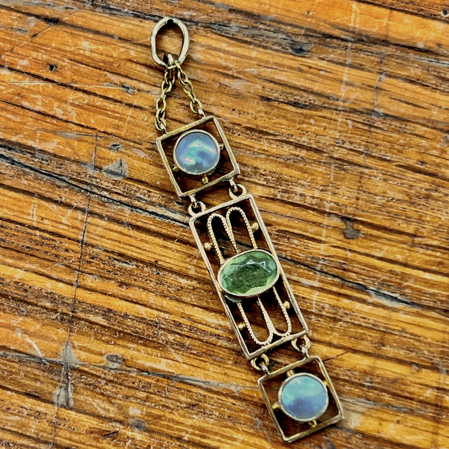 Antique Arts & Crafts Peridot + Pearl + 15ct Rose Gold Pendant