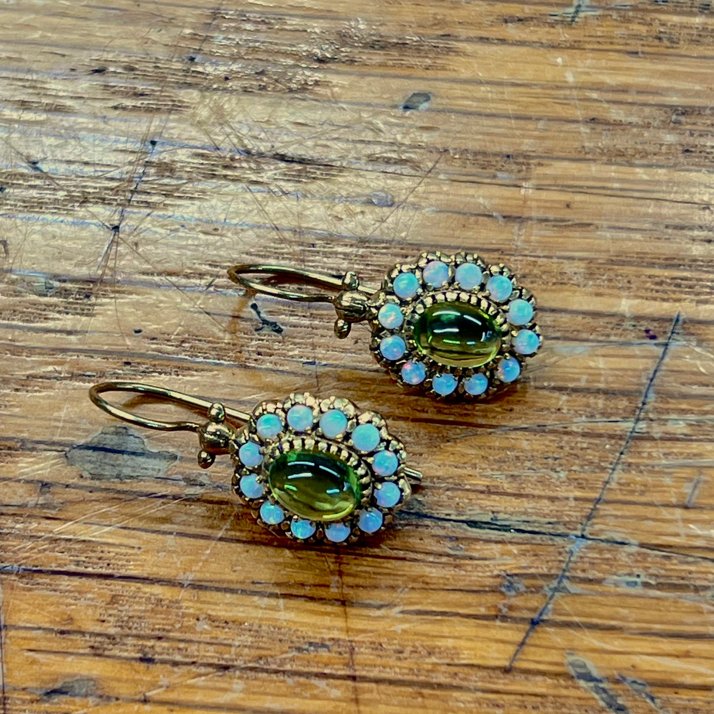 Vintage Cabochon Peridot + Opal + 9ct Rose Gold Hook Earrings