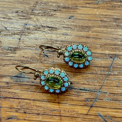 Vintage Cabochon Peridot + Opal + 9ct Rose Gold Hook Earrings