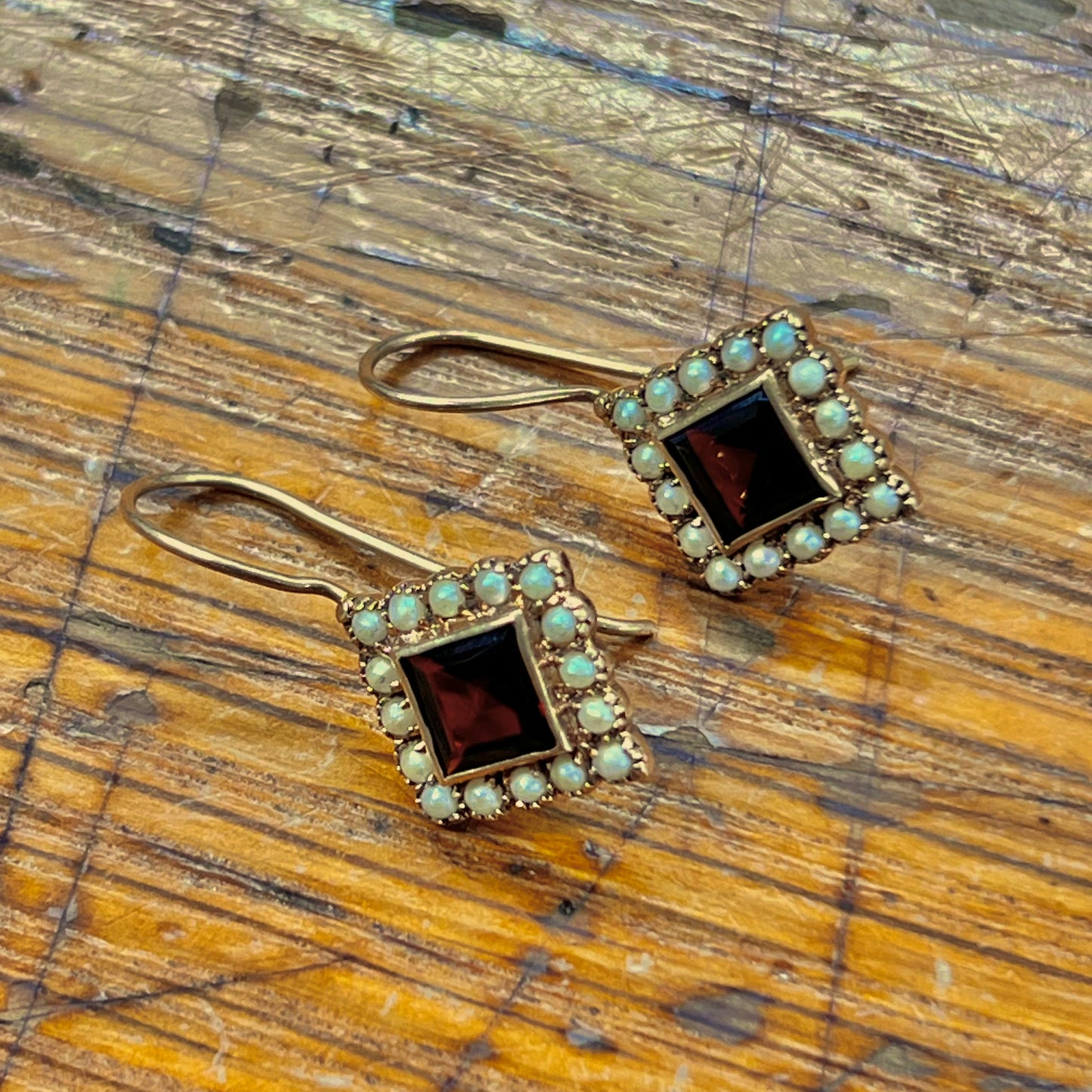Vintage Garnet + Seed Pearl + 9ct Rose Gold Hook Earrings