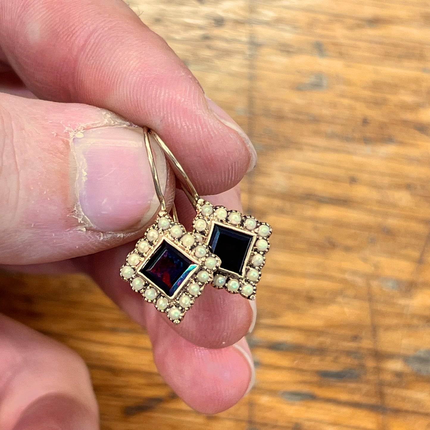 Vintage Garnet + Seed Pearl + 9ct Rose Gold Hook Earrings