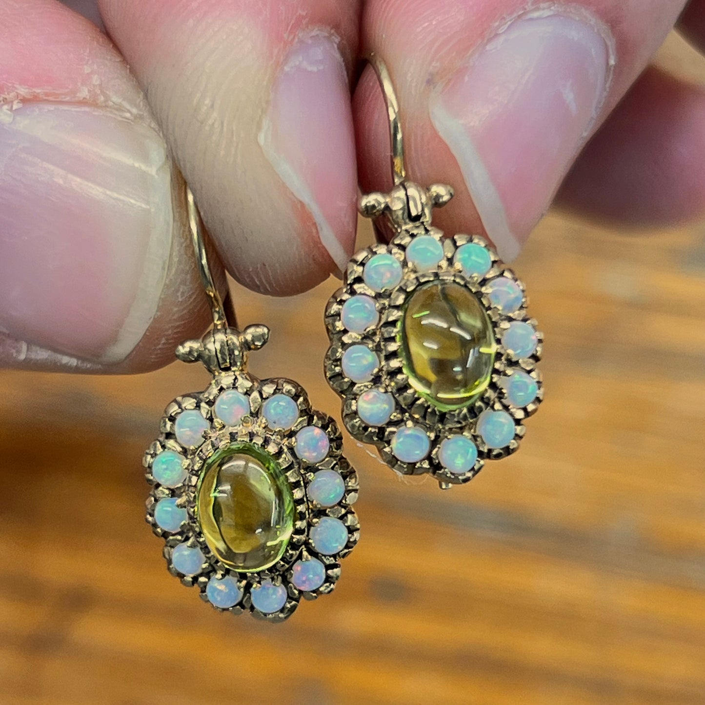Vintage Cabochon Peridot + Opal + 9ct Rose Gold Hook Earrings
