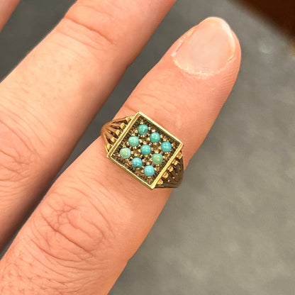 Vintage Nine Turquoise + 9ct Yellow Gold Plaque Ring - Sz.7.75