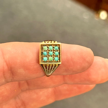 Vintage Nine Turquoise + 9ct Yellow Gold Plaque Ring - Sz.7.75