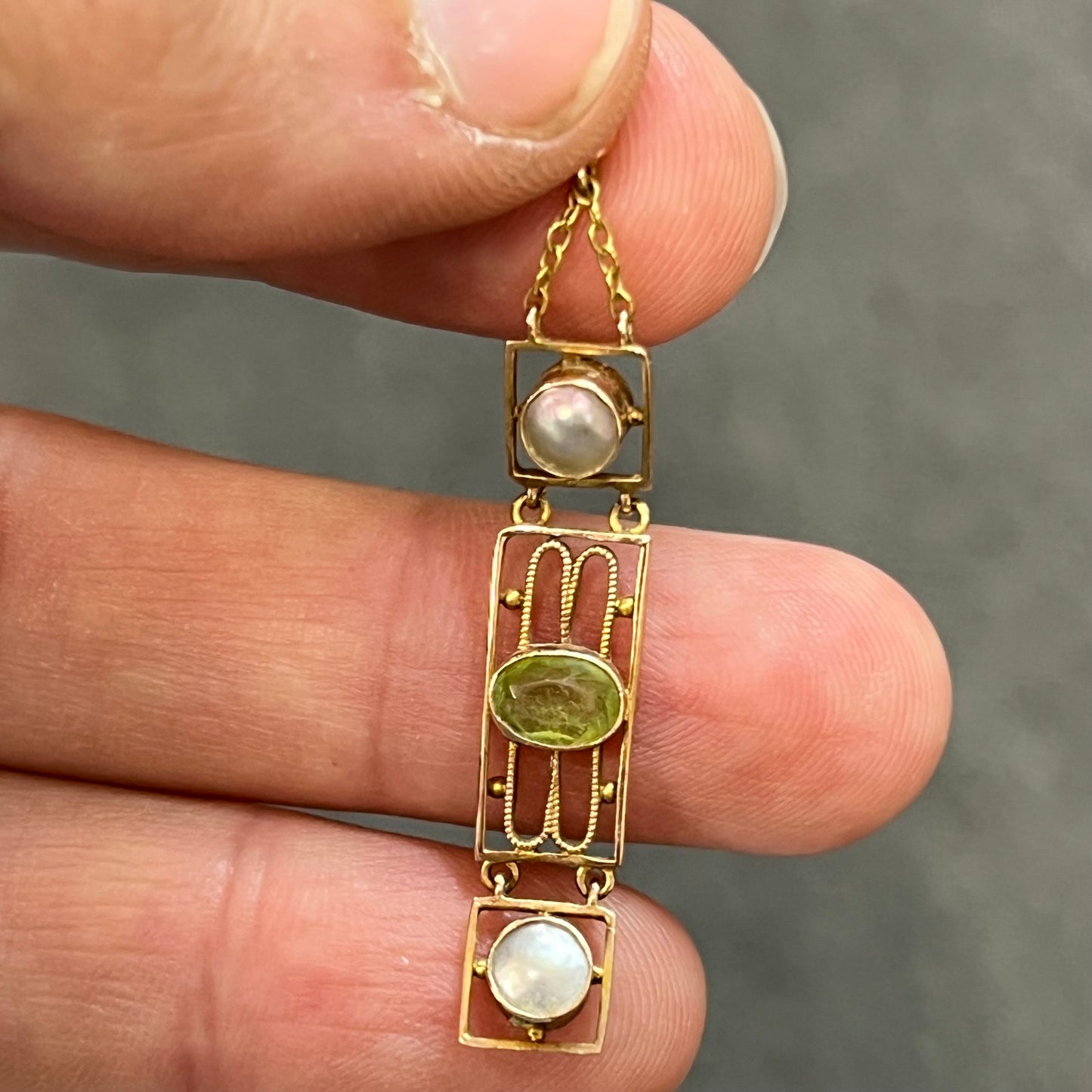 Antique Arts & Crafts Peridot + Pearl + 15ct Rose Gold Pendant