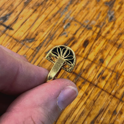 Vintage Black Onyx + 18ct Yellow Gold Striped Dome Ring - Sz. 5.5