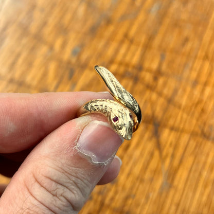 Vintage Ruby + 9ct Yellow Gold Snake Ring - Sz. 7.5