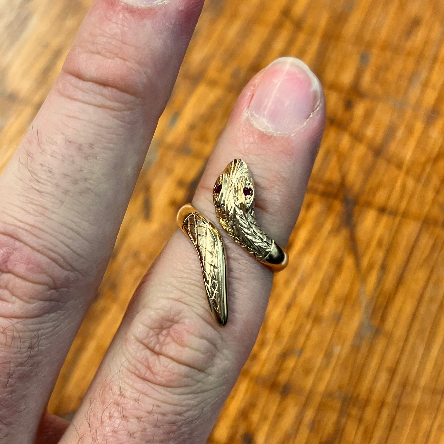 Vintage Ruby + 9ct Yellow Gold Snake Ring - Sz. 7.5