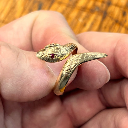 Vintage Ruby + 9ct Yellow Gold Snake Ring - Sz. 7.5