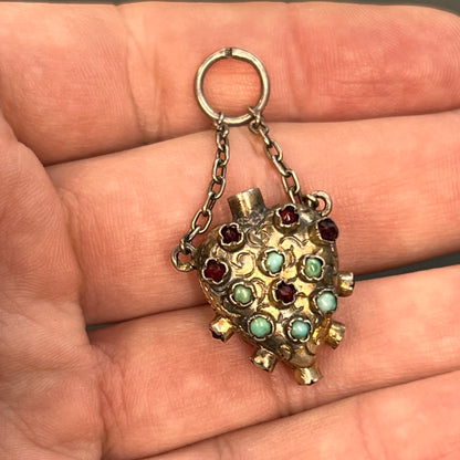 Antique Victorian Turquoise + Garnet + Gilt Silver Heart Perfume Charm