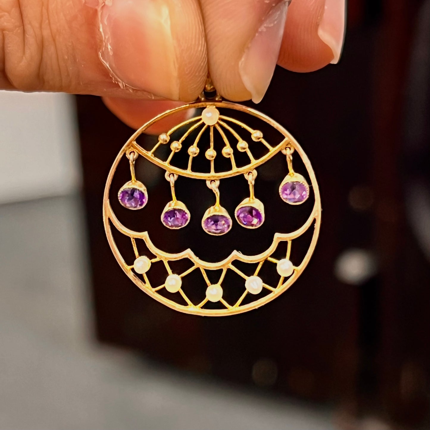 Antique Victorian Amethyst + Pearl + 15ct Rose Gold Pendant