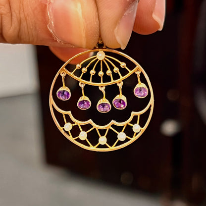 Antique Victorian Amethyst + Pearl + 15ct Rose Gold Pendant