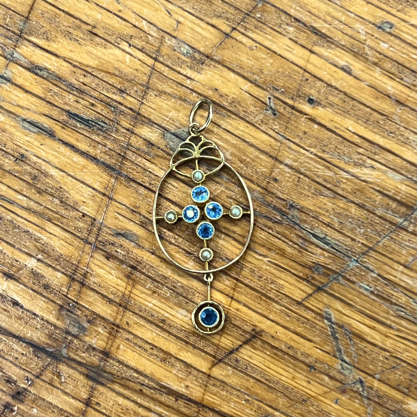 Antique Victorian Cornflower Blue Sapphire + Pearl + 15ct Yellow Gold Pendant