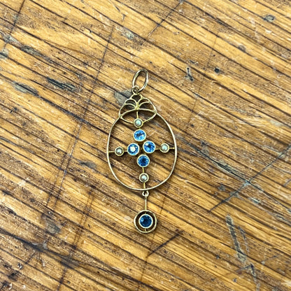 Antique Victorian Cornflower Blue Sapphire + Pearl + 15ct Yellow Gold Pendant