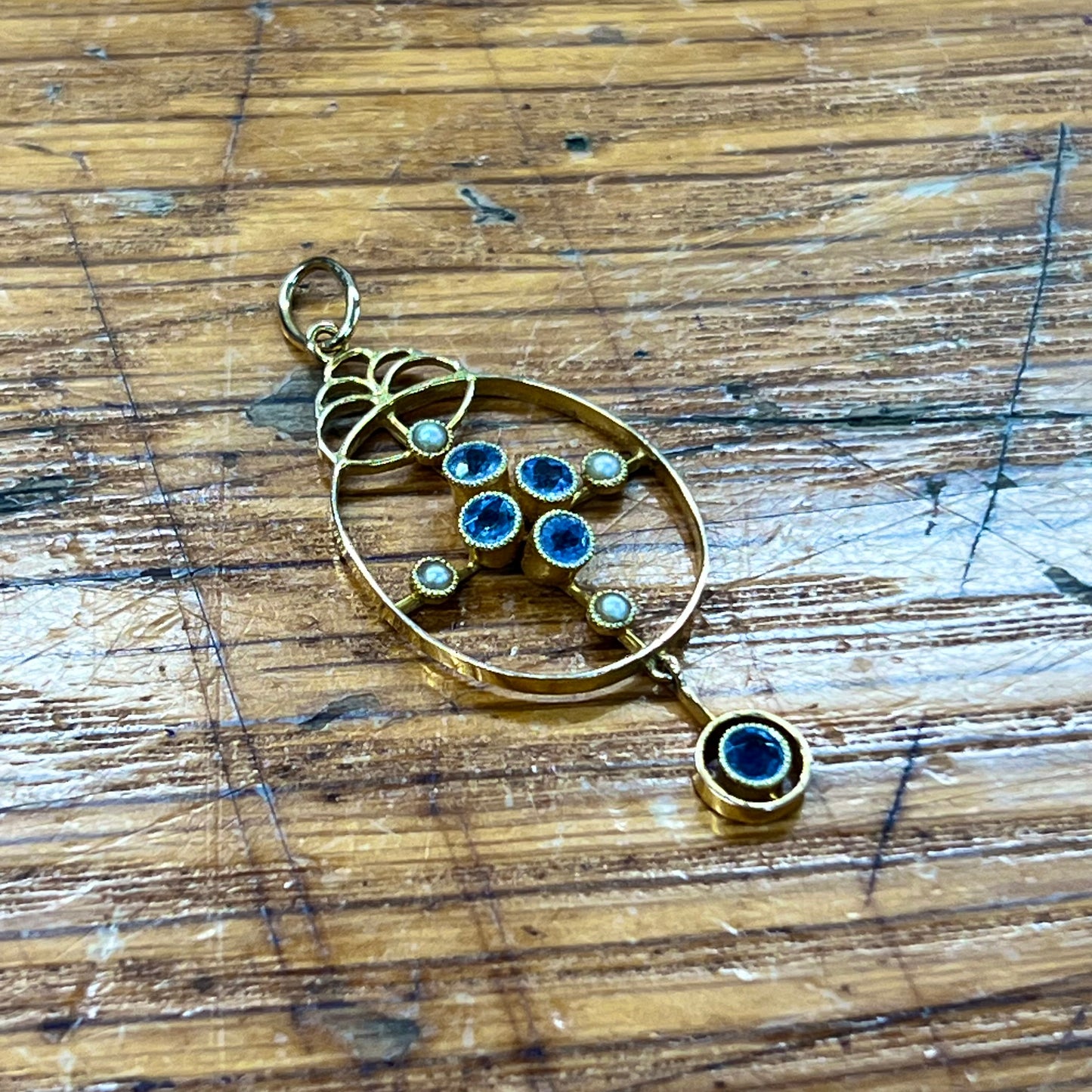 Antique Victorian Cornflower Blue Sapphire + Pearl + 15ct Yellow Gold Pendant