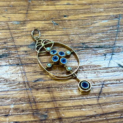 Antique Victorian Cornflower Blue Sapphire + Pearl + 15ct Yellow Gold Pendant