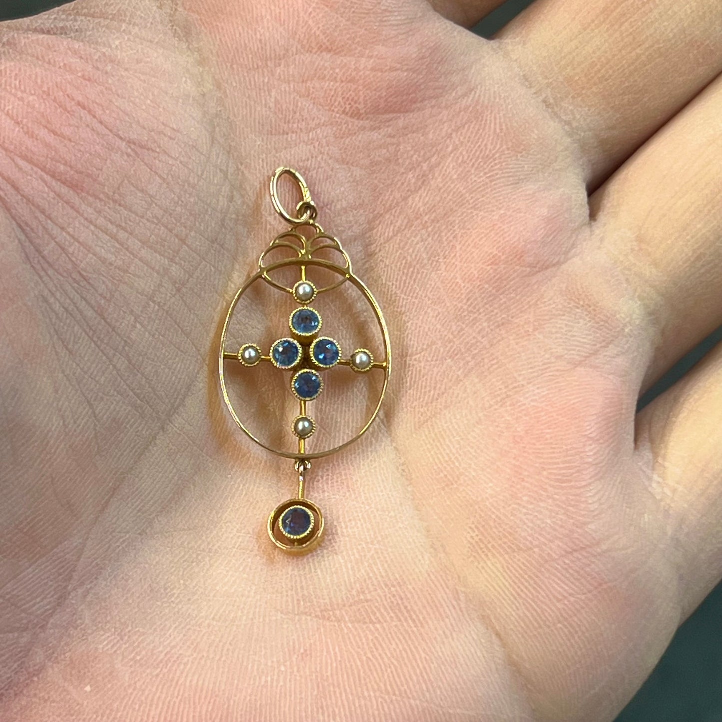 Antique Victorian Cornflower Blue Sapphire + Pearl + 15ct Yellow Gold Pendant