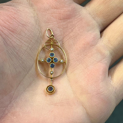 Antique Victorian Cornflower Blue Sapphire + Pearl + 15ct Yellow Gold Pendant