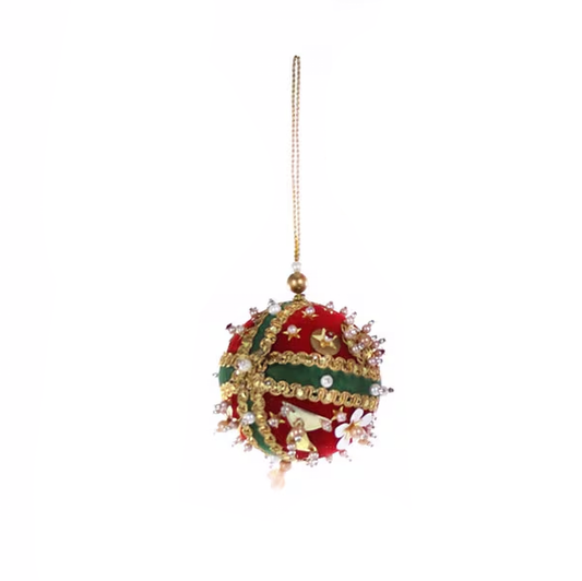 SMALL BEADED + SEQUINED BAUBLE ORNAMENT - RED