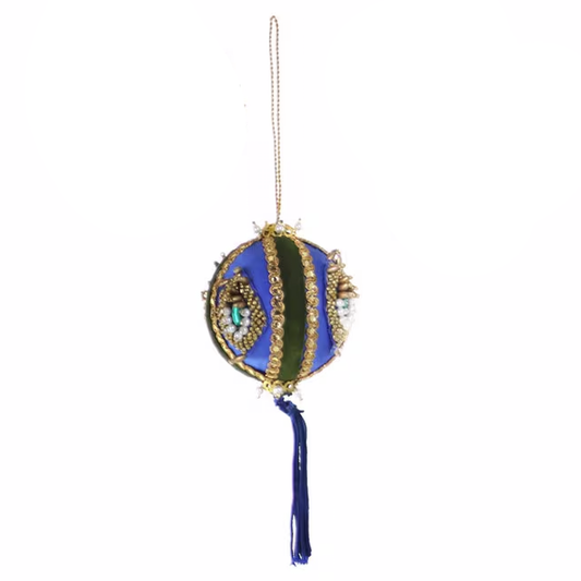 SMALL BEADED + SEQUINED BAUBLE ORNAMENT - BLUE