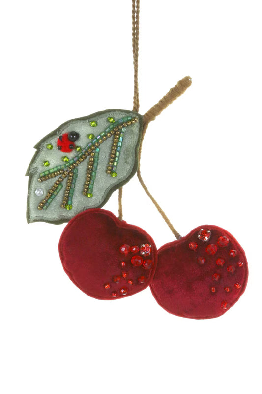 VELVET BEADED CHERRIES ORNAMENT