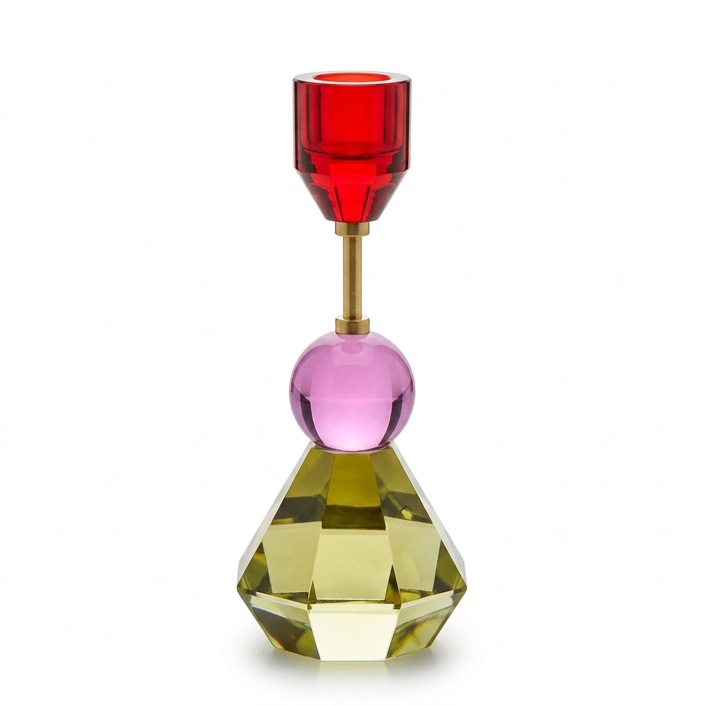 CUT GLASS SPINDLE CANDLESTICK - PINK + RED + OLIVE