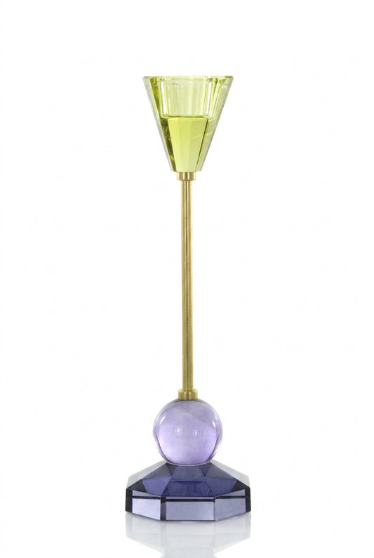 CUT GLASS SPINDLE CANDLESTICK - LIME + LAVENDER
