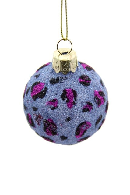 GLITTERED PERIWINKLE LEOPARD BALL ORNAMENT - SMALL