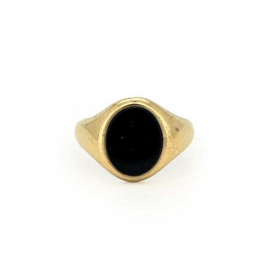 Vintage Black Onyx + 9ct Yellow Gold Smoothie Signet Ring - Sz. 7