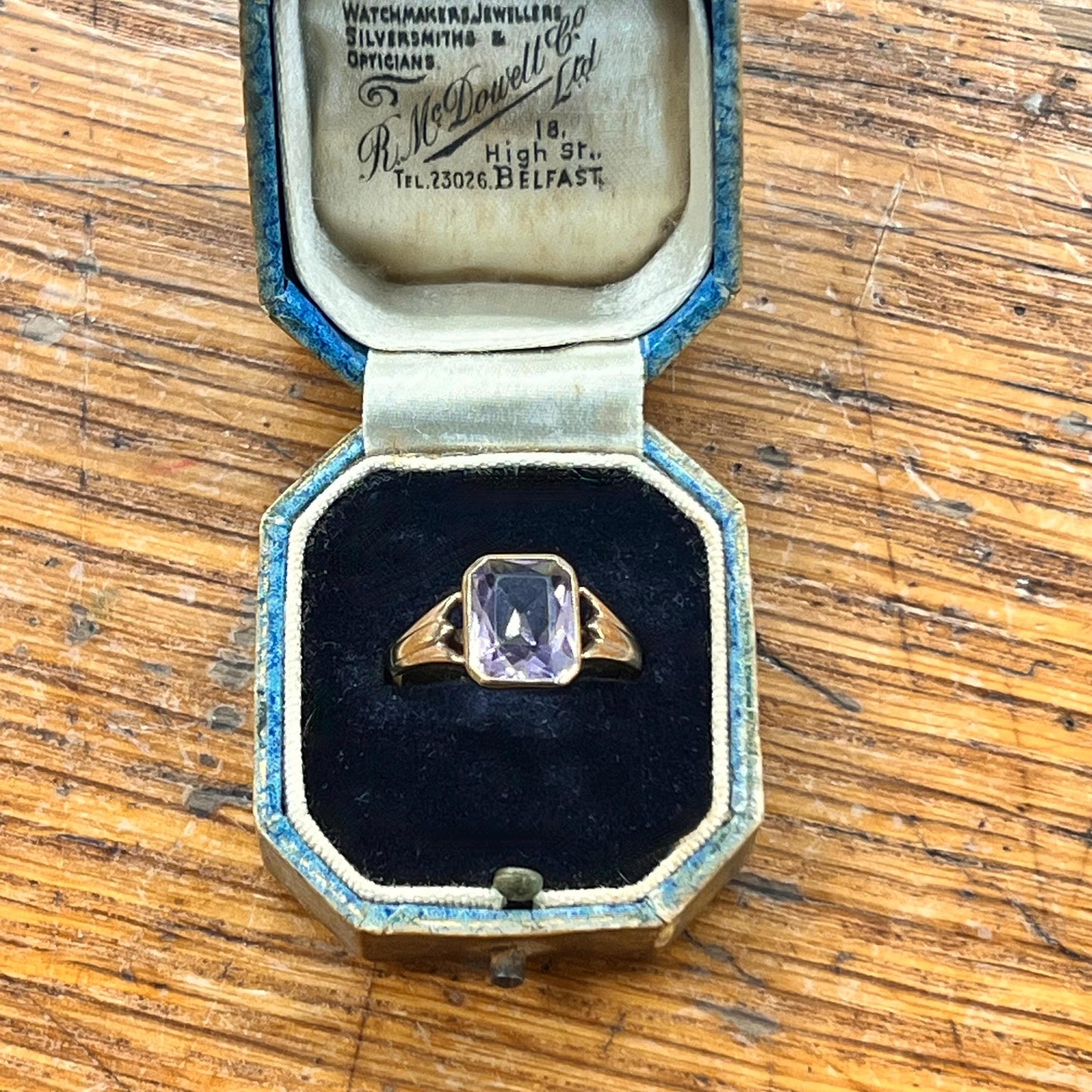 Vintage Art Deco Rose de France Amethyst + 9ct Yellow Gold Ring - Sz. 7