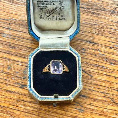 Vintage Art Deco Rose de France Amethyst + 9ct Yellow Gold Ring - Sz. 7