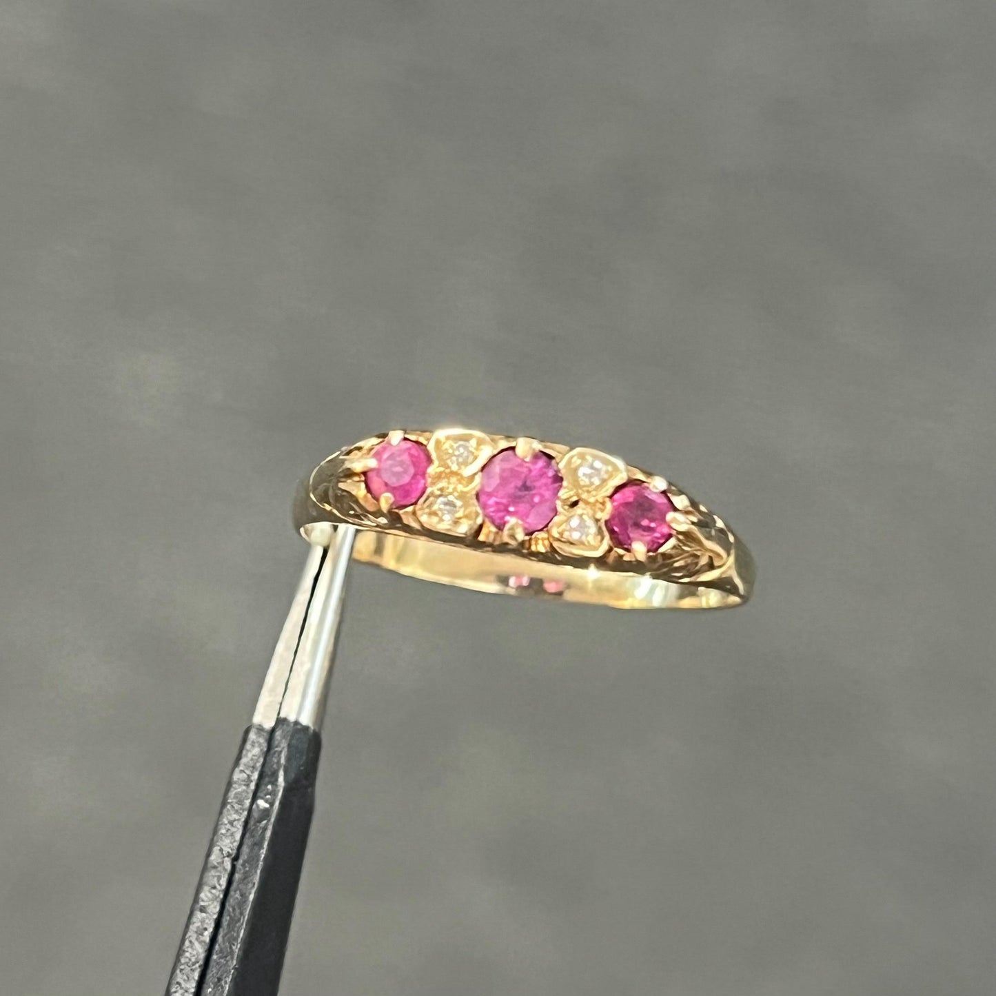 Vintage Pink Sapphire + Diamond + 9ct Yellow Gold Ring - Sz. 9.75