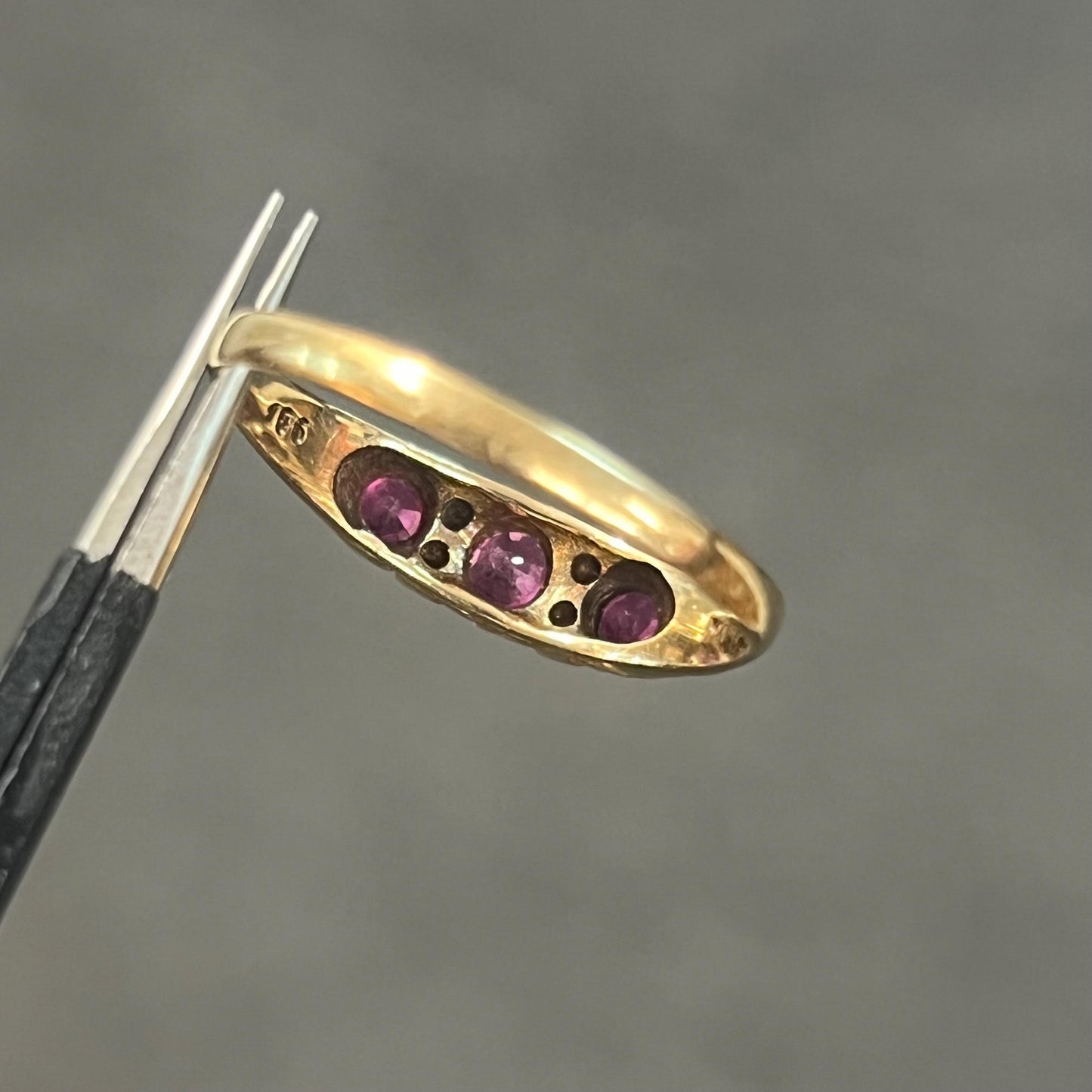 Vintage Pink Sapphire + Diamond + 9ct Yellow Gold Ring - Sz. 9.75