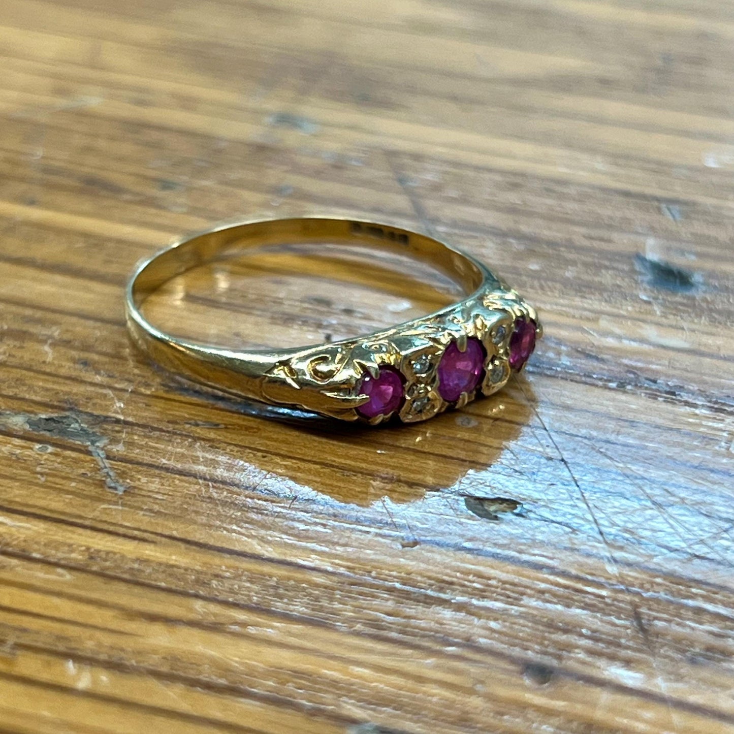 Vintage Pink Sapphire + Diamond + 9ct Yellow Gold Ring - Sz. 9.75