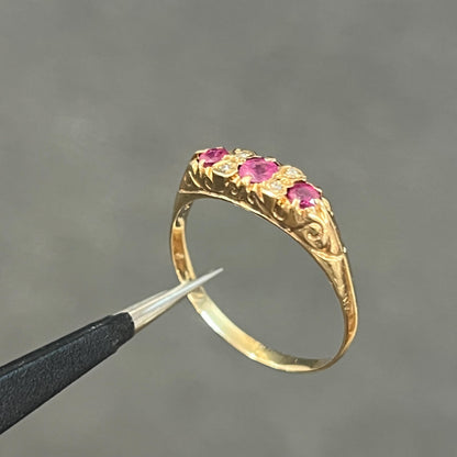 Vintage Pink Sapphire + Diamond + 9ct Yellow Gold Ring - Sz. 9.75