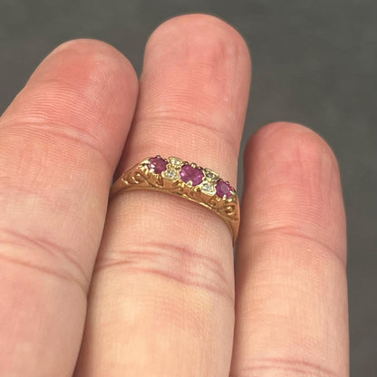Vintage Pink Sapphire + Diamond + 9ct Yellow Gold Ring - Sz. 9.75