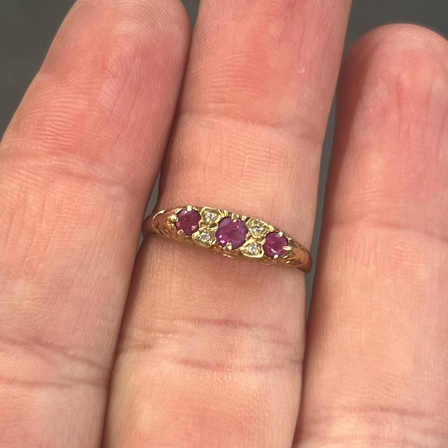 Vintage Pink Sapphire + Diamond + 9ct Yellow Gold Ring - Sz. 9.75